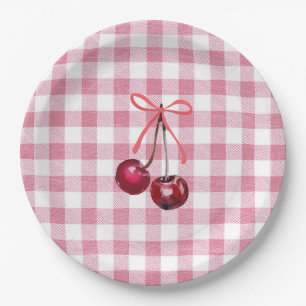 Süße Mädchen-Schleife Kirschrosa Gingham Kariert Pappteller