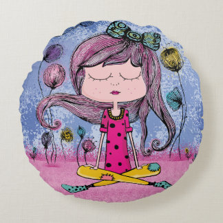 Süße Mädchen-Yoga-Illustration Runde Wurfkissen Rundes Kissen