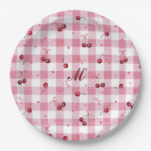 Süße Mädchenbögen Kirschen Rosa Gingham Karo Name Pappteller