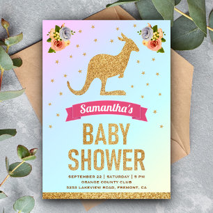 Süße magische goldene Glitter-Känguru-Baby-Party Einladung