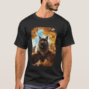 Süße Maine Coon Katze Selfie Herbstblätter Wald He T-Shirt