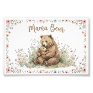 Süße Mama Bär und Baby Bär Floral Aquarell Fotodruck