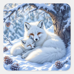 Süße Mama und Baby-Weißfüchse im Schnee Quadratischer Aufkleber