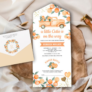 Süße Mandarin-Zitrus-Orange-LKW-Baby-Party All In One Einladung