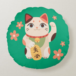 Süße Maneki Neko Glückskatze Rundes Kissen