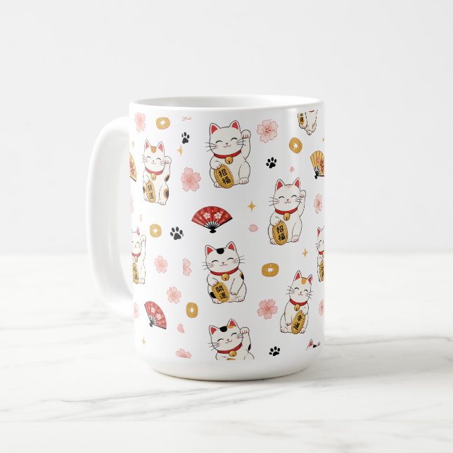 Süße Maneki Neko Muster Tasse | Glückskatze  (Vorderseite Links)