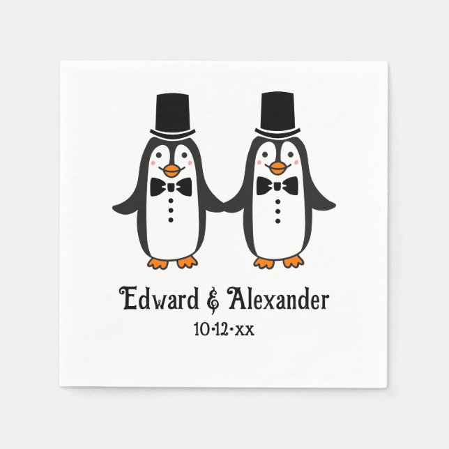 Süße Männer Pinguine Hochzeitspaar Namen Datum #3S Serviette (Vorderseite)