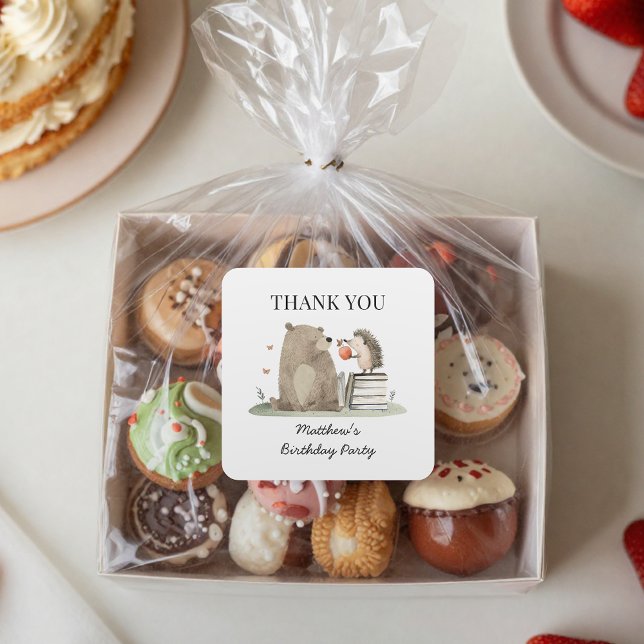 Süße Märchenwaldtiere Geburtstags-Dankeschön Quadratischer Aufkleber (Von Creator hochgeladen)