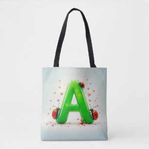 Süße Marienkäfer auf grünem Alphabetbuchstaben A Tasche