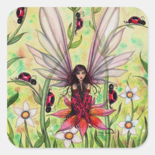 Süße Marienkäfer Fee Fantasy Kunstillustration Quadratischer Aufkleber