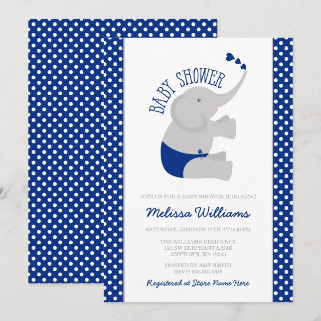 Süße Marine-blaues Grau-Elefant-Babyparty Einladung (Vorne/Hinten)