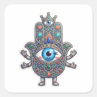 Süße marokkanische Amazigh-Hamsa-Böser-Blick-Kawai Quadratischer Aufkleber