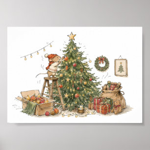 Süße Maus dekoriert Weihnachtsbaum für Tierliebhab Poster