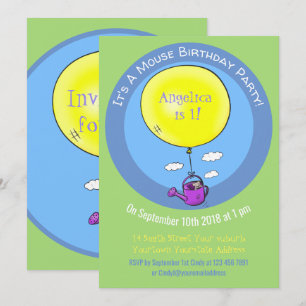 Süße Maus in Gießkanne mit Ballon Cartoon Einladung
