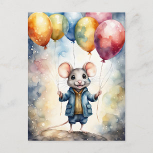 Süße Maus mit farbenfrohen Ballons, individuell an Postkarte