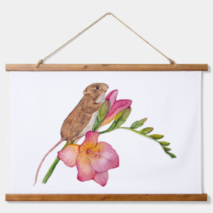 Süße Maus Wasserfarben-Blumendesign   Freesien-Blü Wandteppich Mit Holzrahmen
