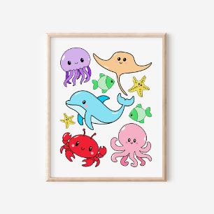 Süße Meereslebewesen Collage Kinderzimmer Kunst Poster