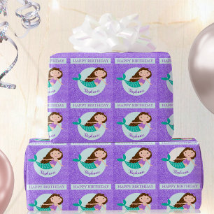 Süße Meerjungfrau Lila Glitter Persönlicher Geburt Geschenkpapier