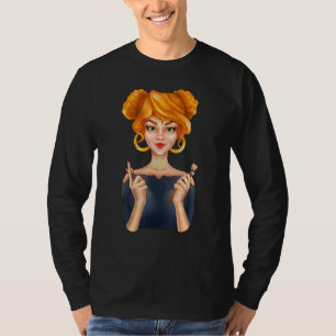 Süße Mode-Blondine hält Make-up-Pinsel Ha T-Shirt