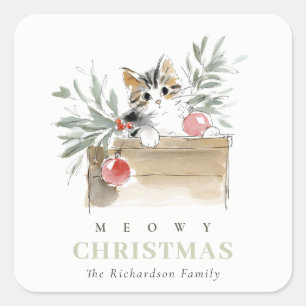 Süße moderne Wasserfarbe Meowy Weihnachtsbox Katze Quadratischer Aufkleber