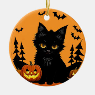🌕🐱 Süße mondbeschienene Katze und Kürbis-Hallowe Keramik Ornament