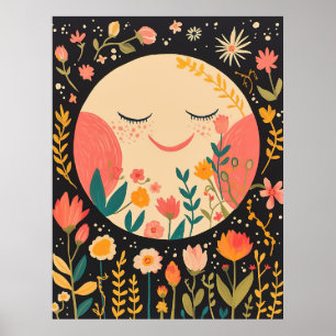 Süße Mondnacht Himmel Boho Florale Illustration Poster