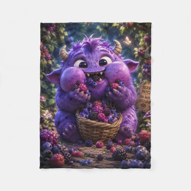 Süße Monster-Fantasy-Waldkunst mit Beeren-Bandit Fleecedecke (Vorderseite)