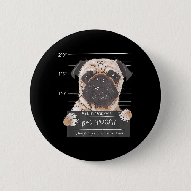 Süße Mops-Mugshot Böser Mops-Welpen-Humor Lustiger Button (Vorderseite)
