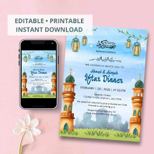 Süße Moschee- und Laternen-Illustration Iftar Einladung