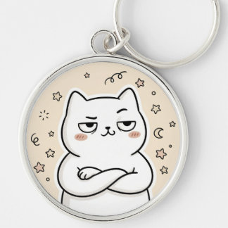 Süße mürrische weiße Katze Kawaii runder Schlüssel Schlüsselanhänger