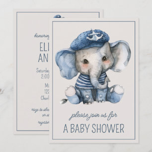 Süße nautische blaue Baby-Elefanten-Personalisieru Einladung