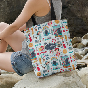Süße nautische blaue rote Ozean Mädchen Zeichnung Tasche