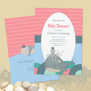 Süße nautische Walfisch Oktopus Rosa Babyparty Einladung