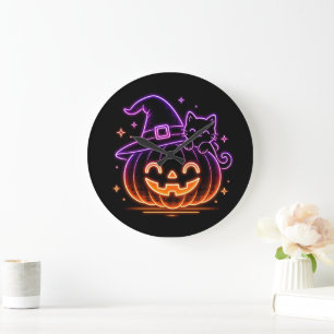 Süße Neon-Halloween-Kürbis-Katzen-Wanduhr Große Wanduhr