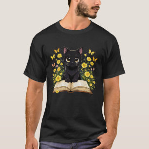 Süße neugierige schwarze Katze & Buch verzauberter T-Shirt