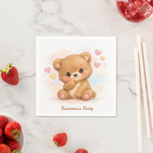 Süße neutrale Pastell-Babybären-Birthday-Hearts Serviette