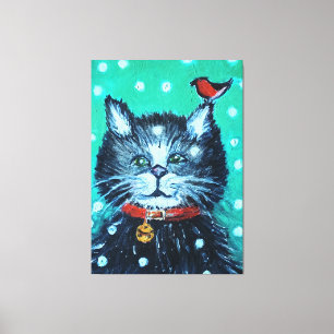Süße Ölmalerei-Katze mit Vogel-Weihnachtsgruß Leinwanddruck
