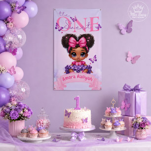 Süße ONE Lila Afro-Puff-Babymädchen 1. Geburtstag Banner