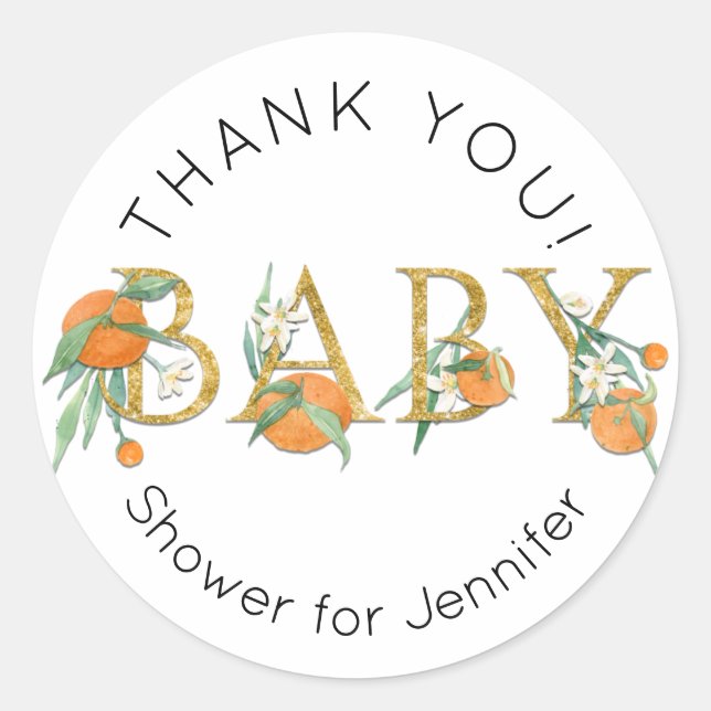 Süsse Orange Blumengrün Danke Baby Dusche Runder Aufkleber (Vorderseite)