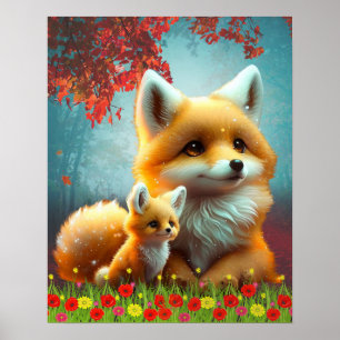 Süße orange Füchsin Mutter und Baby Kunst Kinderzi Poster