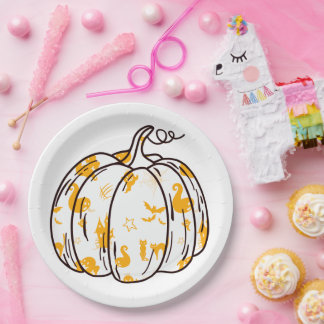 Süße orange Halloween-Symbole auf einem Kürbis Pappteller
