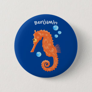 Süße orange Seepferdchen-Blasen-Cartoon-Illustrati Button