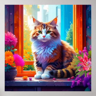 Süße orange-weiße Katze sitzt in einem Stadtfenste Poster