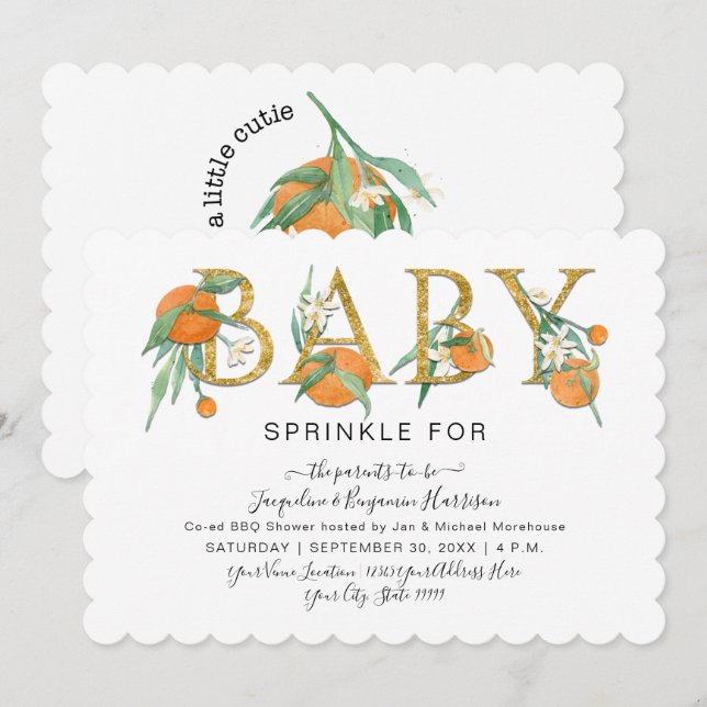 Süsse Orangen Gold Glitzer Aquarell Kinderdusche Einladung (Vorne/Hinten)