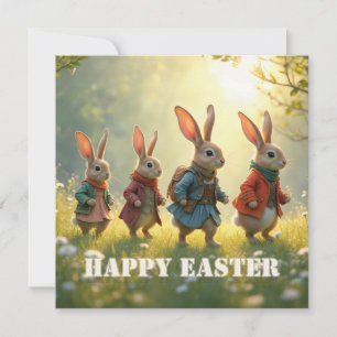 Süße Osterhasen beim Spaziergang auf einer Frühlin Mitteilungskarte