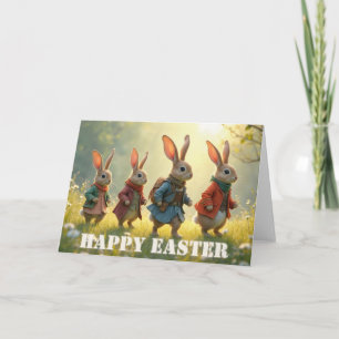 Süße Osterhasen laufen auf einer Frühlingswiese Karte