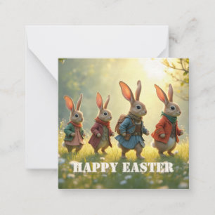 Süße Osterhasen laufen auf einer Frühlingswiese Mitteilungskarte