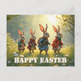 Süße Osterhasen laufen auf einer Frühlingswiese Postkarte