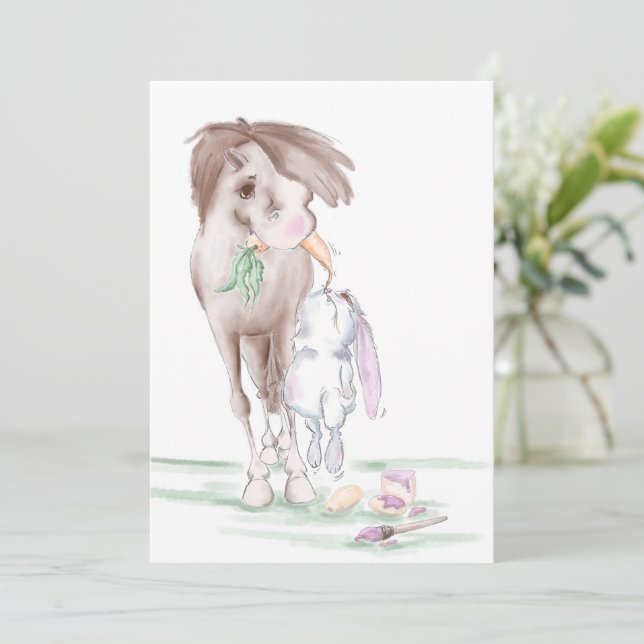 Süsse Osterkarte mit Pferd und Hase Einladung (Stehend Vorderseite)