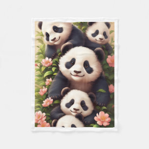 Süße Panda-Familie mit rosa Blumen Fleece-Decke Fleecedecke